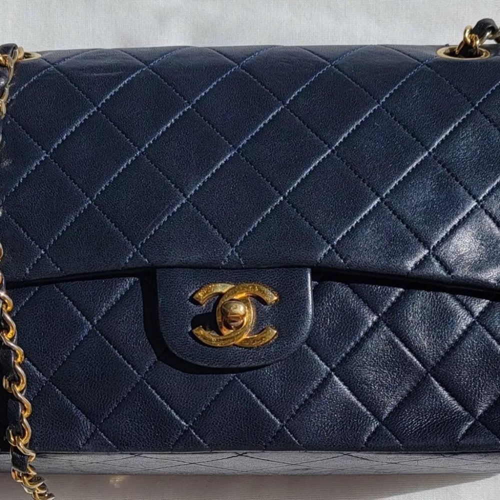 Chanel Quilted Lambskin Double Flap Shoulder Bag Medium Navy Blue